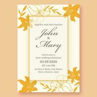 bröllop inbjudan kort design dekorerad med gul lilja blommor och händelse detaljer. vektor