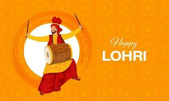 glücklich lohri Feier Banner Design mit Punjabi Mann spielen Trommel und Weiß kreisförmig Rahmen auf Orange Blumen- Muster Hintergrund. vektor