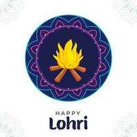 Lycklig lohri firande begrepp med bål på blå cirkulär ram och vit mandala mönster bakgrund. vektor