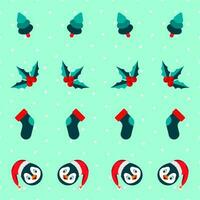 Grün Polka Punkte Muster Hintergrund mit Pinguin Gesicht, Santa Tuch, Stechpalme Beeren und Weihnachten Baum. vektor