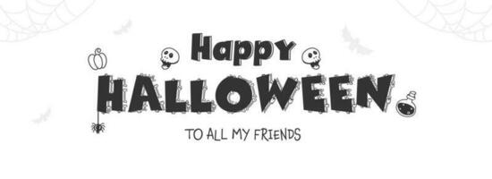 schwarz glücklich Halloween Schriftart dekoriert mit Knochen, Schädel, Spinne aufhängen, Trank Flasche und Kürbis auf Weiß Hintergrund. vektor