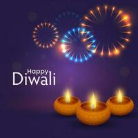 glücklich Diwali Feier Konzept mit realistisch zündete Öl Lampen auf lila Feuerwerk Hintergrund. vektor