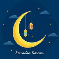 Gelb Halbmond Mond mit hängend Laternen und Sterne auf Blau Hintergrund zum Ramadan kareem Konzept. vektor