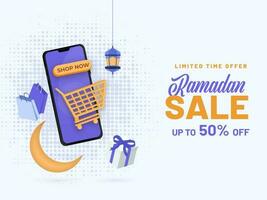 Ramadan Verkauf Poster Design mit 3d online Einkaufen im Smartphone Illustration. vektor