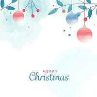 fröhlich Weihnachten Poster Design mit Kugeln aufhängen, botanisch Beere Ast und Blau Aquarell bewirken auf Weiß Hintergrund. vektor