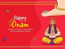 glücklich Onam Feier Gruß Karte mit Vamana Bein Über König mahabali auf rot Hintergrund. vektor