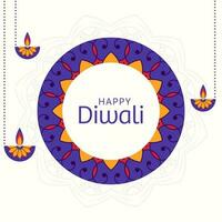 glücklich Diwali Text auf Blumen- Muster und zündete Öl Lampen aufhängen. vektor