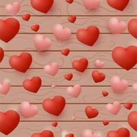 glansig röd hjärtan dekorerad på trä- textur bakgrund. vektor