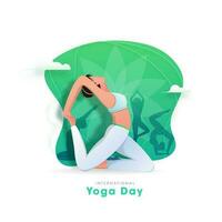 International Yoga Tag Konzept mit weiblich tun Yoga Asana im anders posiert auf abstrakt Hintergrund. vektor