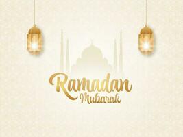 golden Ramadan Mubarak Schriftart mit beleuchtet Laternen hängen und Silhouette Moschee auf islamisch Muster Hintergrund. vektor