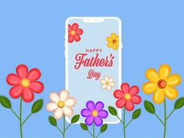 Lycklig fars dag meddelande i smartphone skärm med färgrik blommor dekorerad på blå bakgrund. vektor
