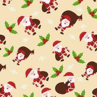 Karikatur Santa claus Heben schwer Tasche mit Stechpalme Beeren und Schneeflocken dekoriert Hintergrund. vektor