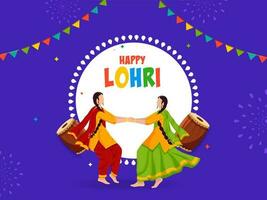 Lycklig lohri firande begrepp med trumma instrument, ansiktslös punjabi kvinnor håller på med giddha dansa på violett och vit bakgrund. vektor
