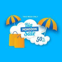 Monsun groß Verkauf Poster Design mit Rabatt Angebot, Einkaufen Taschen und Regenschirm auf Blau Hintergrund. vektor