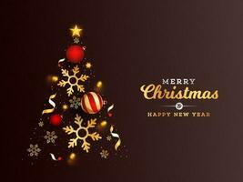 kreativ xmas träd tillverkad förbi gyllene stjärnor, snöflingor och grannlåt på brun bakgrund för glad jul och Lycklig ny år firande. vektor