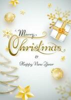 Kalligraphie von fröhlich Weihnachten und glücklich Neu Jahr mit kreativ Weihnachten Baum, Geschenk Box und Kugeln auf Weiß Hintergrund. vektor