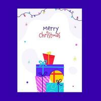 glad jul hälsning kort med färgrik gåva lådor och belysning krans i vit och violett Färg. vektor