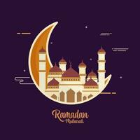 Vektor Halbmond Mond mit Moschee auf lila Hintergrund zum Ramadan Mubarak Konzept.