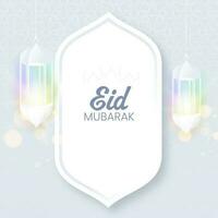 eid Mubarak Feier Konzept mit zündete Laternen hängen auf Weiß und grau islamisch Muster Hintergrund. vektor