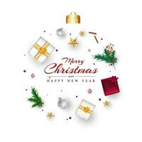 fröhlich Weihnachten und glücklich Neu Jahr Text mit oben Aussicht von Geschenk Kisten, Sterne, Kugeln, Kiefer Blätter und Beeren dekoriert auf Weiß Hintergrund. vektor