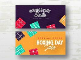 Boxen Tag Verkauf Banner Design dekoriert mit Geschenk Kisten im zwei Farbe Möglichkeit auf Weiß hölzern Hintergrund. vektor