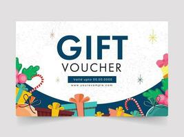 gåva voucher mall design med färgrik gåva lådor, grannlåt, godis sockerrör, järnek bär, klingande klocka på blå och vit bakgrund. vektor