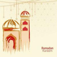 Ramadan kareem Konzept mit Bürste Schlaganfall bewirken Moschee auf islamisch Muster Hintergrund. vektor