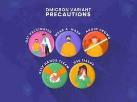 försiktighetsåtgärder för omicron variant tycka om som skaffa sig vaccinerad, ha på sig mask, undvika folkmassan, ha kvar händer rena och använda sig av vävnad. vektor