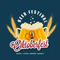 oktoberfest, öl festival affisch design med öl muggar, vete öra och saltkringlor på kricka blå bakgrund. vektor