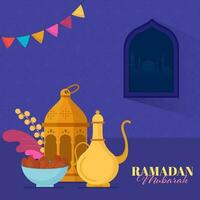 ramadan mubarak begrepp med arabicum lykta, kanna, datum skål, löv och moské fönster på blå islamic mönster bakgrund. vektor