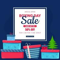 Boxen Tag Verkauf Poster Design mit Rabatt Angebot, Weihnachten Baum und Geschenk Kisten auf Blau Hintergrund zum Werbung Konzept. vektor