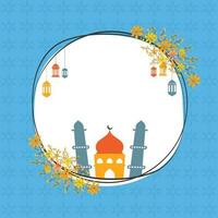 muslim gemenskap festivaler begrepp med moské i blommor dekorerad ram på blå och vit bakgrund. vektor