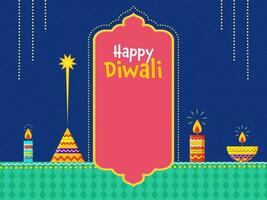 Lycklig diwali firande begrepp med belyst ljus, olja lampa och smällare anar på blå och grön bakgrund. vektor