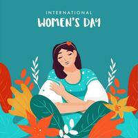 International Damen Tag Poster Design mit jung Mädchen Charakter und Natur Aussicht auf Türkis Hintergrund. vektor