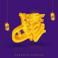 Arabisch Kalligraphie von 3d golden Ramadan kareem mit Laternen hängen auf lila Hintergrund. vektor