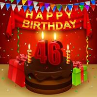 glücklich 46 .. Geburtstag mit Schokolade Sahne Kuchen und dreieckig Flagge, Vektor Illustration