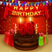glücklich 56 .. Geburtstag mit Schokolade Sahne Kuchen und dreieckig Flagge, Vektor Illustration