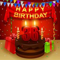 glücklich 36 .. Geburtstag mit Schokolade Sahne Kuchen und dreieckig Flagge, Vektor Illustration