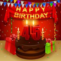 Lycklig 45:e födelsedag med choklad grädde kaka och triangel- flagga, vektor illustration