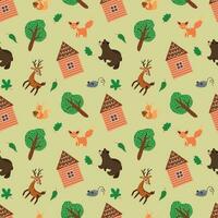 nahtlos Muster mit Wald Hütte, Tiere und Bäume. Design zum Stoff, Textil, Hintergrund, Verpackung. vektor
