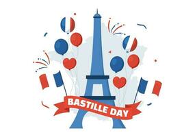 Lycklig bastille dag på 14 juli vektor illustration med franska flagga och eiffel torn i platt tecknad serie hand dragen för landning sida mallar