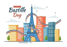 Lycklig bastille dag på 14 juli vektor illustration med franska flagga och eiffel torn i platt tecknad serie hand dragen för landning sida mallar