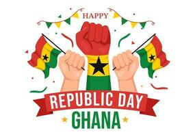 Lycklig ghana republik dag vektor illustration med vinka flagga bakgrund i platt tecknad serie hand dragen för webb baner eller landning sida mallar