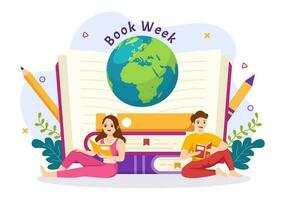 Buch Woche Veranstaltungen Vektor Illustration mit Menschen lesen oder Studenten Studie Lehrbücher im eben Karikatur Hand gezeichnet Landung Seite Vorlagen