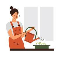 Frau Bewässerung frisch Kräuter wachsend beim Zuhause Gemüse Garten. Vektor Illustration.