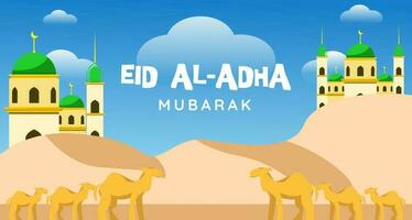 eid al Adha, eben Illustration Design eid al adha Gruß Banner Hintergrund mit Moschee Dekoration, Kamel Tier im das Wüste vektor