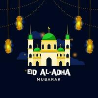 eid al adha, illustration design av hälsning baner eller eid al Adha hälsning kort affisch med moské och lykta dekoration på natt bakgrund vektor