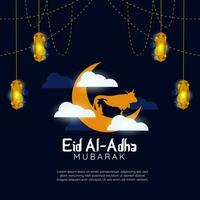 eid al-adha. hälsning kort med offer- får och kor. dekorerad med lyktor och halvmåne måne på en molnig natt bakgrund vektor