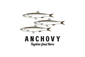 Jahrgang rustikal Jahrgang frisch Anschovis Fisch zum Meeresfrüchte Produkt Logo Design Vektor