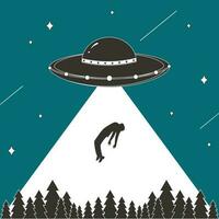 retro UFO Entführung Poster. UFO entführen ein Mann mit ein Wald und Nacht Himmel im das Hintergrund. vektor